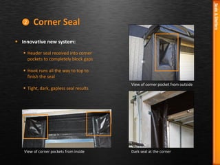  Innovative new system:
 Header seal received into corner
pockets to completely block gaps
 Hook runs all the way to top to
finish the seal
 Tight, dark, gapless seal results
View of corner pocket from outside
View of corner pockets from inside
Corner Seal2
Dark seal at the corner
 