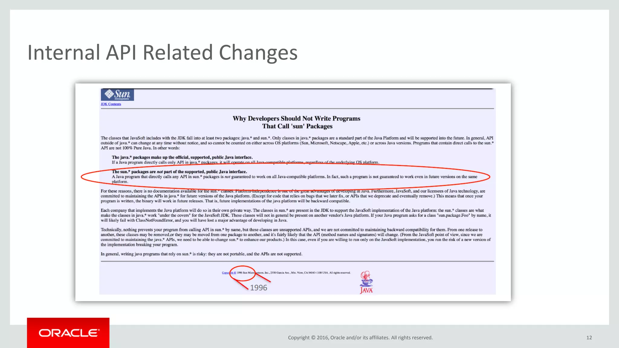 Copyright © 2016, Oracle and/or its affiliates. All rights reserved. 12 Internal API Related Changes 