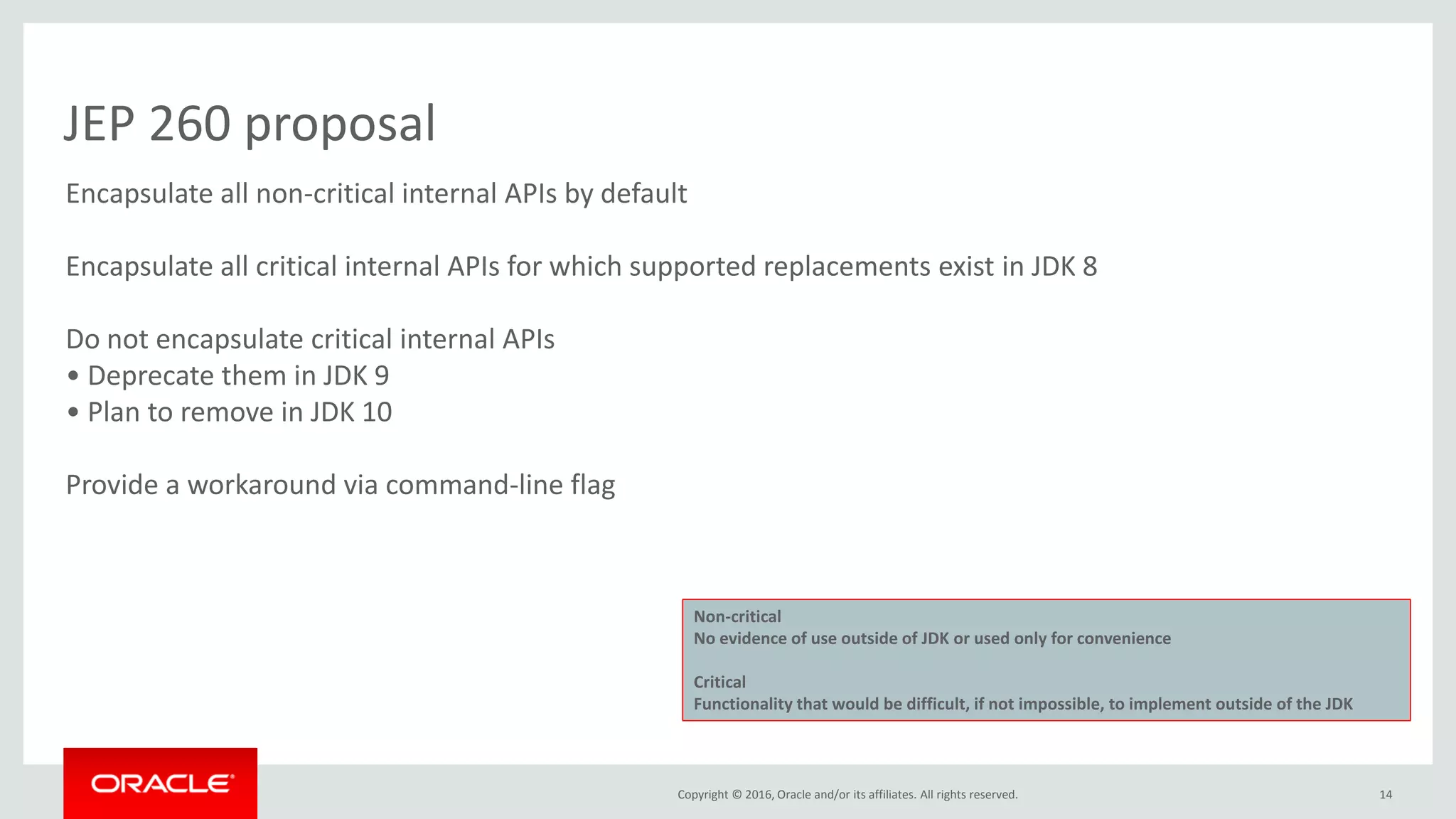 Copyright © 2016, Oracle and/or its affiliates. All rights reserved. 14 JEP 260 proposal Encapsulate all non-critical internal APIs by default Encapsulate all critical internal APIs for which supported replacements exist in JDK 8 Do not encapsulate critical internal APIs • Deprecate them in JDK 9 • Plan to remove in JDK 10 Provide a workaround via command-line flag Non-critical No evidence of use outside of JDK or used only for convenience Critical Functionality that would be difficult, if not impossible, to implement outside of the JDK 