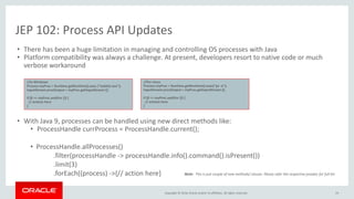 Copyright © 2016, Oracle and/or its affiliates. All rights reserved.
JEP 102: Process API Updates
19
• There has been a huge limitation in managing and controlling OS processes with Java
• Platform compatibility was always a challenge. At present, developers resort to native code or much
verbose workaround
• With Java 9, processes can be handled using new direct methods like:
• ProcessHandle currProcess = ProcessHandle.current();
• ProcessHandle.allProcesses()
.filter(processHandle -> processHandle.info().command().isPresent())
.limit(3)
.forEach((process) ->{// action here}
//In Windows
Process myProc = Runtime.getRuntime().exec ("tasklist.exe");
InputStream procOutput = myProc.getInputStream ();
if (0 == myProc.waitFor ()) {
// actions here
}
//For Linux
Process myProc = Runtime.getRuntime().exec("ps -e");
InputStream procOutput = myProc.getInputStream ();
if (0 == myProc.waitFor ()) {
// actions here
}
Note: This is just couple of new methods/ classes. Please refer the respective javadoc for full list
 