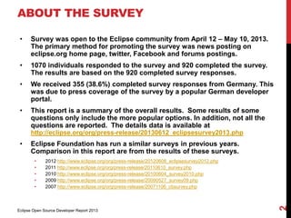 ABOUT THE SURVEY
• Survey was open to the Eclipse community from April 12 – May 10, 2013.
The primary method for promoting...