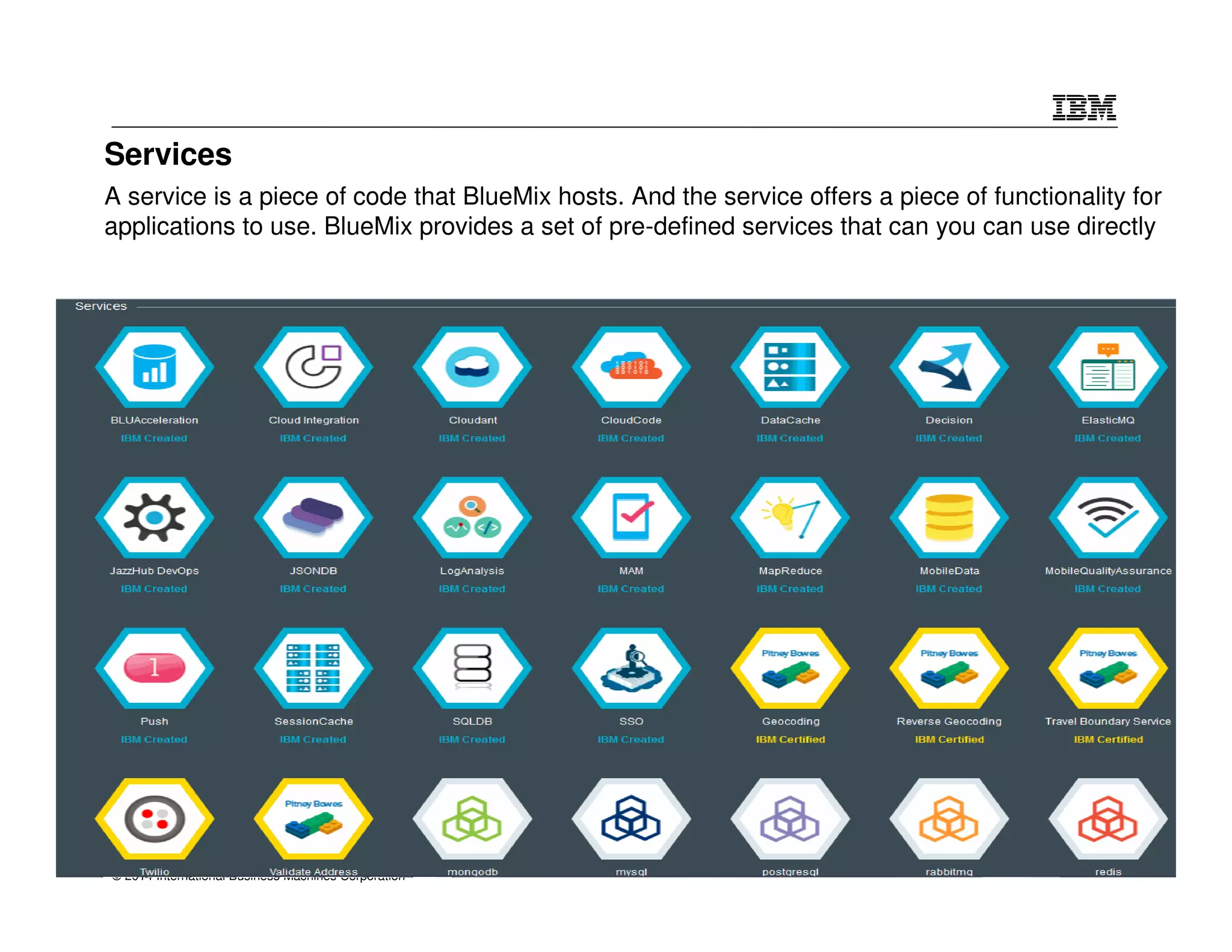 Services 
A service is a piece of code that BlueMix hosts. And the service offers a piece of functionality for 
applications to use. BlueMix provides a set of pre-defined services that can you can use directly 
© 2014 International Business Machines Corporation 
 