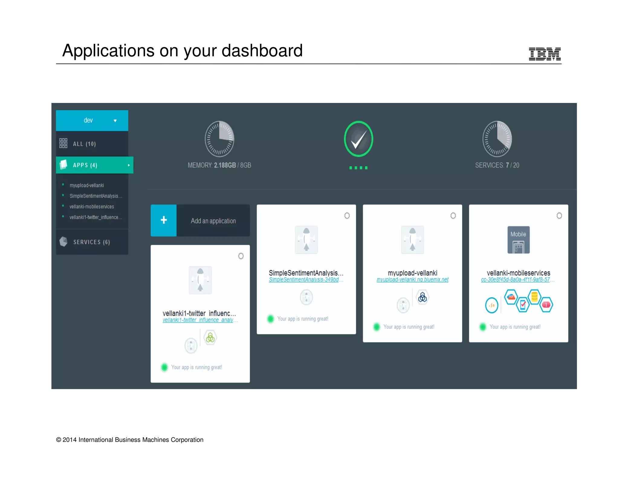 Applications on your dashboard 
© 2014 International Business Machines Corporation 
 