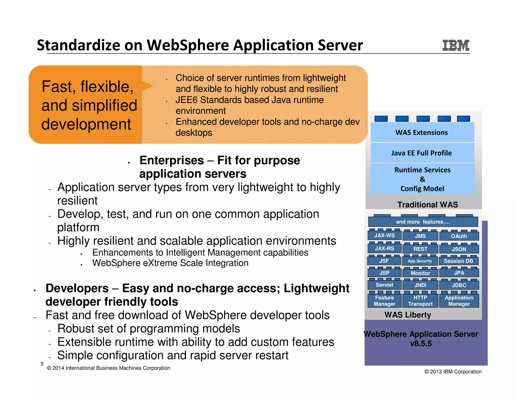Standardize on WebSphere Application Server 
© 2014 International Business Machines Corporation 
WAS Extensions 
Java EE Full Profile 
Runtime Services 
& 
Config Model 
Traditional WAS 
JAX-WS JMS OAuth 
JAX-RS REST JSON 
JSF App Security Session DB 
JSP Monitor JPA 
Servlet JNDI JDBC 
WebSphere Application Server 
v8.5.5 
Application 
Manager 
HTTP 
Transport 
Feature 
Manager 
WAS Liberty 
• Enterprises – Fit for purpose 
application servers 
‒ Application server types from very lightweight to highly 
resilient 
‒ Develop, test, and run on one common application 
platform 
‒ Highly resilient and scalable application environments 
• Enhancements to Intelligent Management capabilities 
• WebSphere eXtreme Scale Integration 
• Developers – Easy and no-charge access; Lightweight 
developer friendly tools 
‒ Fast and free download of WebSphere developer tools 
‒ Robust set of programming models 
‒ Extensible runtime with ability to add custom features 
‒ Simple configuration and rapid server restart 
and more features…. 
5 
© 2013 IBM Corporation 
Fast, flexible, 
and simplified 
development 
• Choice of server runtimes from lightweight 
and flexible to highly robust and resilient 
• JEE6 Standards based Java runtime 
environment 
• Enhanced developer tools and no-charge dev 
desktops 
 