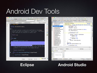 Android Dev Tools
Eclipse
Android Studio
Free
Eclipse Android Studio
 
