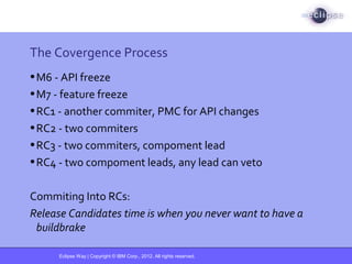 Eclipse Way | Copyright © IBM Corp., 2012. All rights reserved.
The Covergence Process
•M6 - API freeze
•M7 - feature freeze
•RC1 - another commiter, PMC for API changes
•RC2 - two commiters
•RC3 - two commiters, compoment lead
•RC4 - two compoment leads, any lead can veto
Commiting Into RCs:
Release Candidates time is when you never want to have a
buildbrake
 