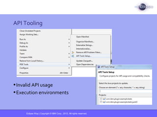Eclipse Way | Copyright © IBM Corp., 2012. All rights reserved.
API Tooling
•Invalid API usage
•Execution environments
 
