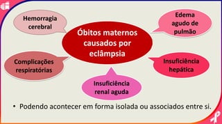 • Podendo acontecer em forma isolada ou associados entre si.
Óbitos maternos
causados por
eclâmpsia
Hemorragia
cerebral
Edema
agudo de
pulmão
Insuficiência
renal aguda
Insuficiência
hepática
Complicações
respiratórias
 