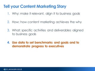 1. Why: make it relevant, align it to business goals
2. How: how content marketing achieves the why
3. What: specific acti...