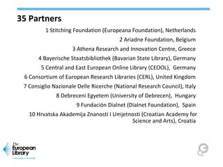 35 Partners
1 Stitching Foundation (Europeana Foundation), Netherlands
2 Ariadne Foundation, Belgium
3 Athena Research and Innovation Centre, Greece
4 Bayerische Staatsbibliothek (Bavarian State Library), Germany
5 Central and East European Online Library (CEOOL), Germany
6 Consortium of European Research Libraries (CERL), United Kingdom
7 Consiglio Nazionale Delle Ricerche (National Research Council), Italy
8 Debreceni Egyetem (University of Debrecen), Hungary
9 Fundación Dialnet (Dialnet Foundation), Spain
10 Hrvatska Akademija Znanosti I Umjetnosti (Croatian Academy for
Science and Arts), Croatia
 