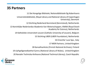 35 Partners
11 Det Kongelige Bibliotek, Nationalbibliotek Og Kobenhavns
Universitetsbibliotek, (Royal Library and National Library of Copenhagen
University), Denmark
12 Stichting Nederland Kennisland (Kennisland), Netherlands
13 Koninklijke Nederlandse Akademie Van Wetenschappen, KNAW (Royal Dutch
Academy for Science), Netherlands
14 Katholieke Universiteit Leuven (Catholic University of Leuven), Belgium
15 Stichting LIBER (LIBER Foundation), Netherlands
16 Cinecitta' Luce Spa , Italy
17 MDR Partners, United Kingdom
18 Kansallisarkisto (Finnish National Archives), Finland
19 Llyfrgellgenedlaethol Cymru (National Library of Wales), United Kingdom
20 Narodni Technicka Knihovna (National Technical Library), Czech Republic
 