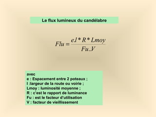 VFu
LmoyRle
Flu
..
**.
=
Le flux lumineux du candélabre
avec
e : Espacement entre 2 poteaux ;
l :largeur de la route ou voirie ;
Lmoy : luminosité moyenne ;
R : c’est le rapport de luminance
Fu : est le facteur d’utilisation
V : facteur de vieillissement
 