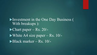 Investment in the One Day Business (
With breakups ):
Chart paper – Rs. 20/-
White A4 size paper – Rs. 10/-
Black marker – Rs. 10/-
 
