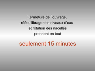 Fermeture de l’ouvrage,
rééquilibrage des niveaux d’eau
et rotation des nacelles
prennent en tout
seulement 15 minutes
 