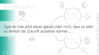 Zukunftsrealität?
                                     mobiler
                                     Workflow

Egal ob Collabo- daran glaubt oder nicht, dass so oder
         man jetzt
         ration
so ähnlich die Zukunft aussehen könnte …
                                     arbeiten mit
                                     Dokumenten
 
