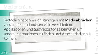 Medienbrüche

Tagtäglich haben wir an ständigen mit Medienbrüchen
zu kämpfen und müssen viele verschiedene
Applikationen und Suchrepositories bemühen um
unsere Informationen zu finden und Arbeit erledigen zu
können.
 