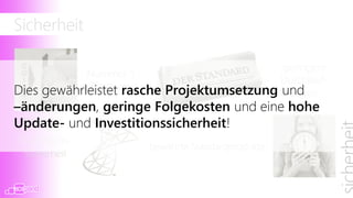 Sicherheit

                                             geringere
            Nummer 1
                                             Durchlauf-
Dies        Plattform
     gewährleistet rasche   Projektumsetzung und
                                               zeiten
–änderungen, geringe Folgekosten und eine hohe
Update- und Investitionssicherheit!
Investitions-
                       bewährte Standardprodukte
  sicherheit
 