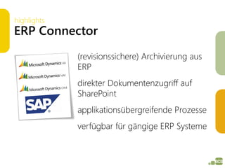 highlights
ERP Connector
             (revisionssichere) Archivierung aus
             ERP
             direkter Dokumentenzugriff auf
             SharePoint
             applikationsübergreifende Prozesse
             verfügbar für gängige ERP Systeme
 