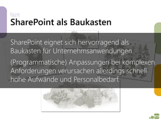 fazit
SharePoint als Baukasten

SharePoint eignet sich hervorragend als
Baukasten für Unternehmsanwendungen.
(Programmatische) Anpassungen bei komplexen
Anforderungen verursachen allerdings schnell
hohe Aufwände und Personalbedarf.
 