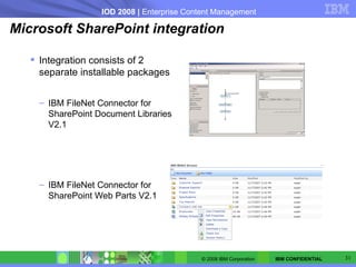 Microsoft SharePoint integration <ul><li>Integration consists of 2 separate installable packages </li></ul><ul><ul><li>IBM...