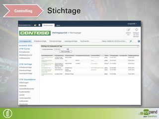 Controlling   Reporting



                   SharePoint Standard
                      • Listenansichten
                      • Gruppierungen und Filter
                   ecspand Features
                      • Recherche in den Vertragsinfos
                      • vertragsspezifisch und -übergreifend
 