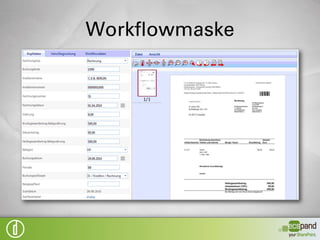 Konfiguration

    SharePoint Oberfläche (gewohntes
    Look & Feel für Anwender)
    ergonomische Masken mit Wertelisten,
    Logikprüfungen, …
    verschiedene Workflowtypen
    definierbare Verantwortlichkeiten auf
    Gruppenebene (Verantwortliche,
    Vertreter, Kostenstellenaufteilung, …)
 