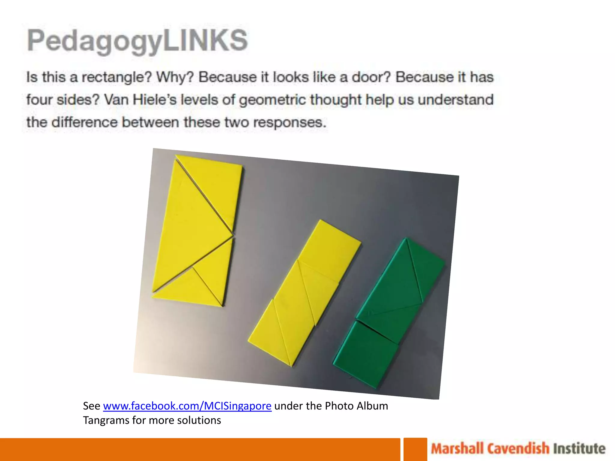 See www.facebook.com/MCISingapore under the Photo Album
Tangrams for more solutions
 