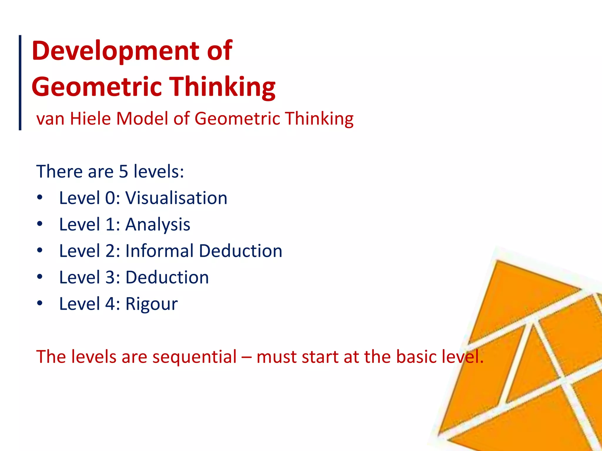 Development of
Geometric Thinking
van Hiele Model of Geometric Thinking

There are 5 levels:
• Level 0: Visualisation
• Level 1: Analysis
• Level 2: Informal Deduction
• Level 3: Deduction
• Level 4: Rigour

The levels are sequential – must start at the basic level.
 