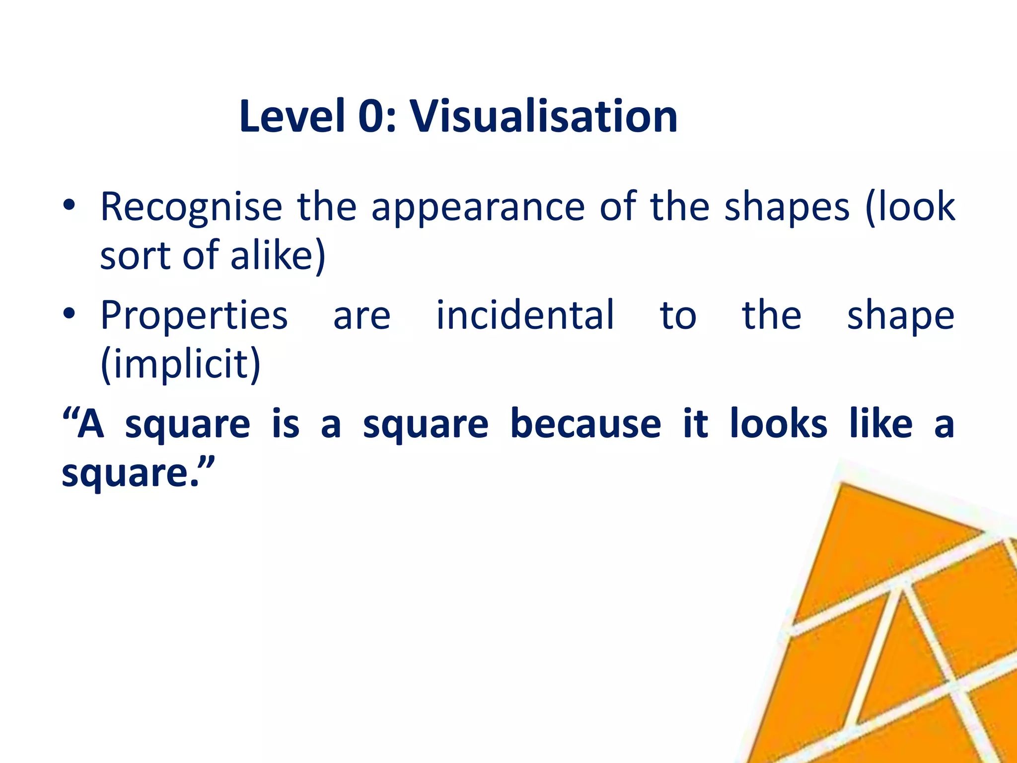 Level 0: Visualisation
• Recognise the appearance of the shapes (look
  sort of alike)
• Properties are incidental to the shape
  (implicit)
“A square is a square because it looks like a
square.”
 
