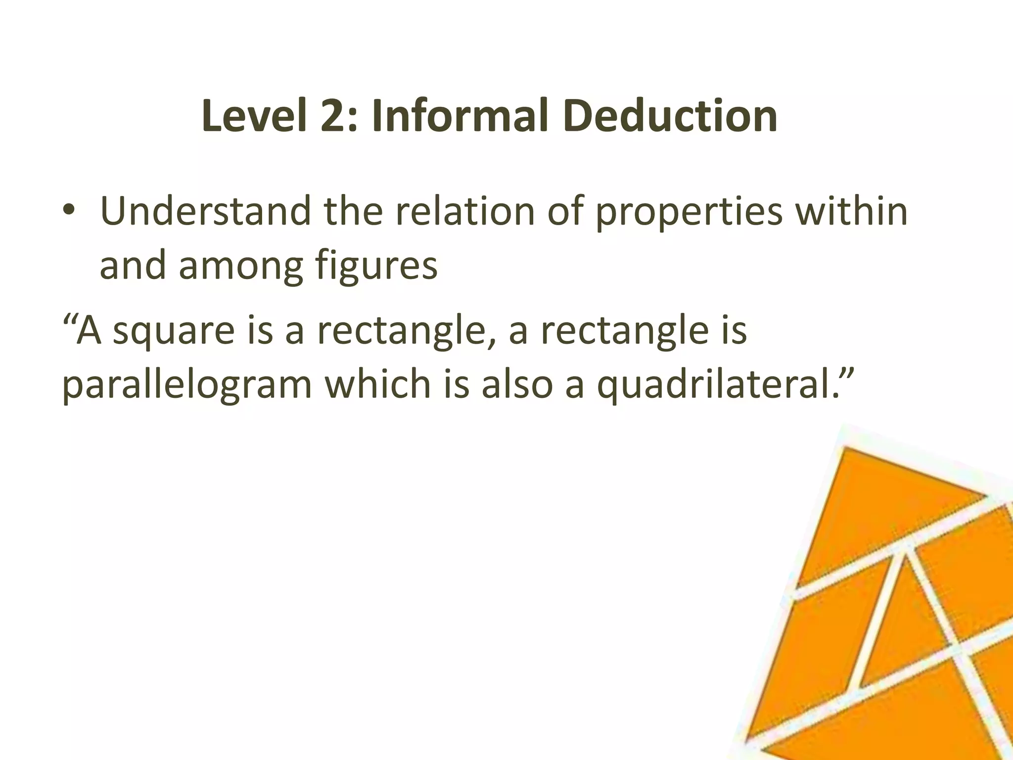Level 2: Informal Deduction
• Understand the relation of properties within
  and among figures
“A square is a rectangle, a rectangle is
parallelogram which is also a quadrilateral.”
 