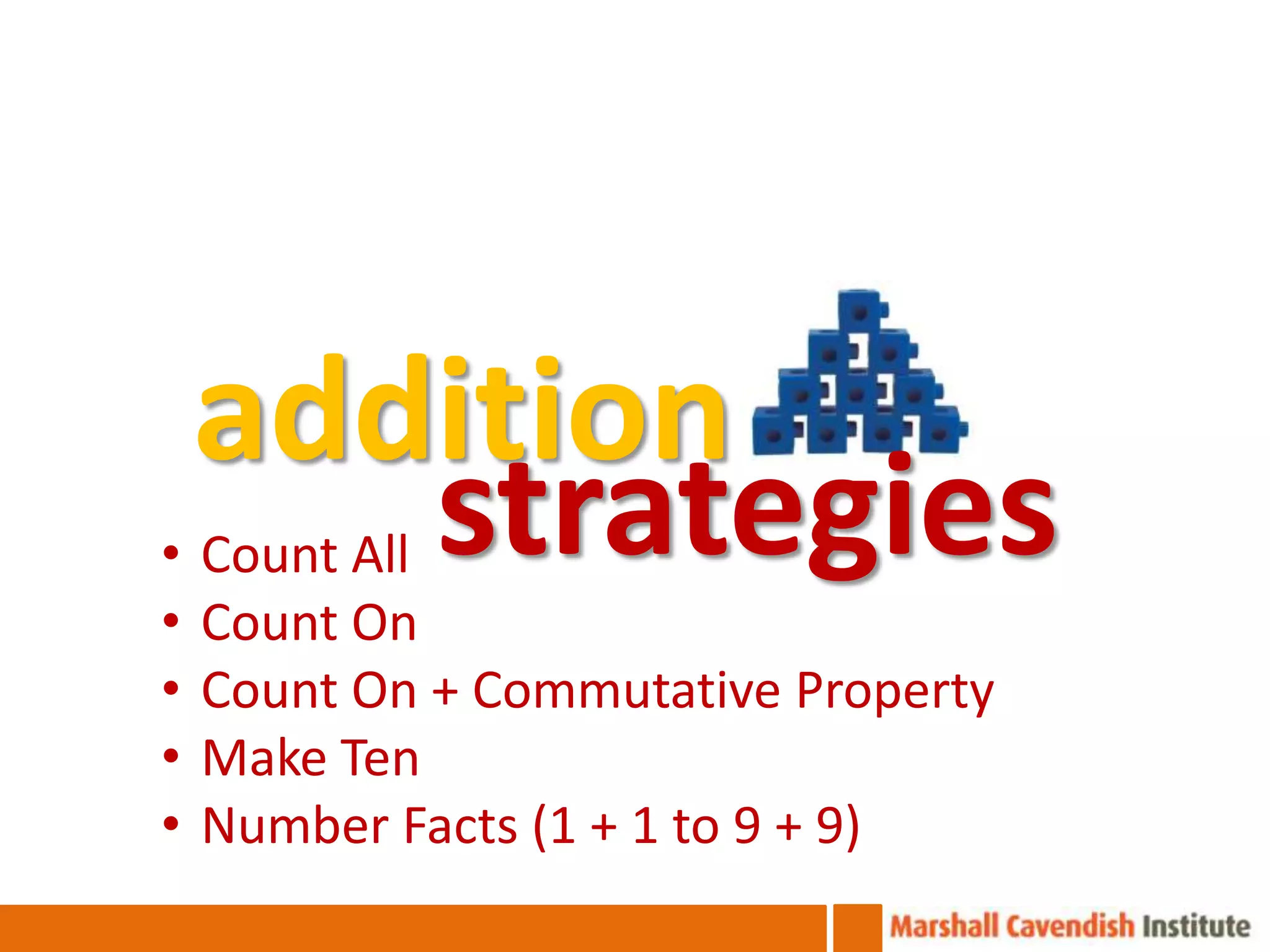addition
•      strategies
    Count All
•   Count On
•   Count On + Commutative Property
•   Make Ten
•   Number Facts (1 + 1 to 9 + 9)
 