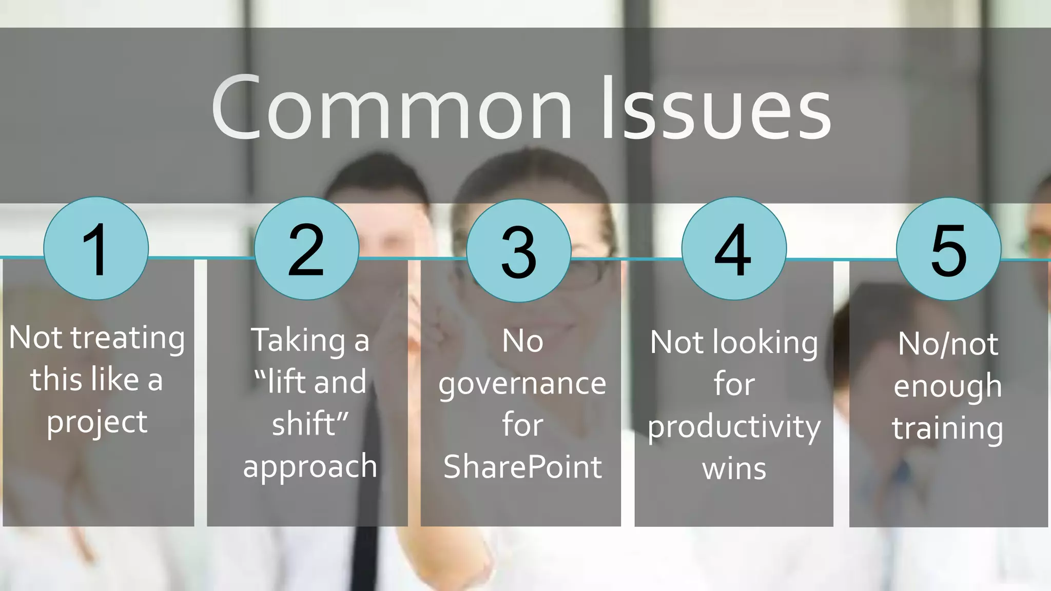 1
Not treating
this like a
project
2 4
Taking a
“lift and
shift”
approach
Not looking
for
productivity
wins
3
No
governance
for
SharePoint
5
No/not
enough
training
 