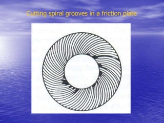 Cutting spiral grooves in a friction plate
 
