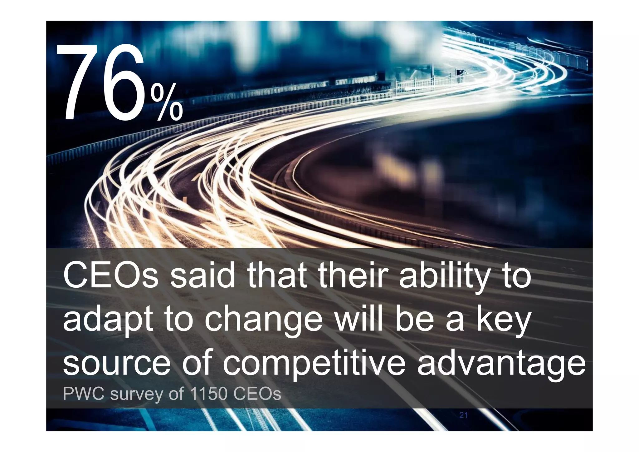CEOs said that their ability to
adapt to change will be a key
source of competitive advantage
PWC survey of 1150 CEOs
76%
21
 