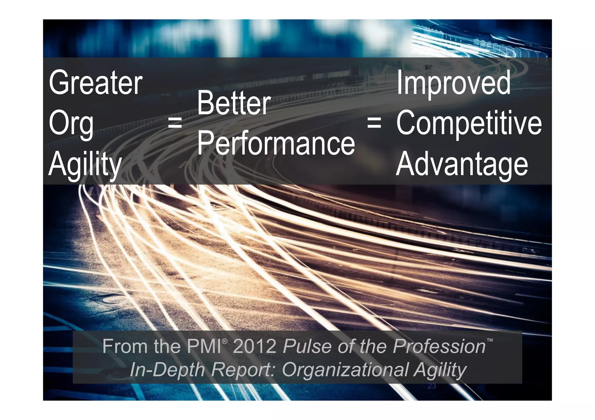 From the PMI®
2012 Pulse of the Profession™
In-Depth Report: Organizational Agility
Greater
Org
Agility
=
Better
Performance
=
Improved
Competitive
Advantage
23
 
