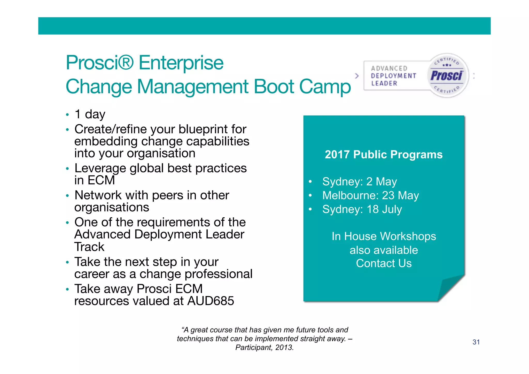 Prosci® Enterprise  
Change Management Boot Camp
•  1 day
•  Create/reﬁne your blueprint for
embedding change capabilities
into your organisation
•  Leverage global best practices
in ECM
•  Network with peers in other
organisations
•  One of the requirements of the
Advanced Deployment Leader
Track
•  Take the next step in your
career as a change professional
•  Take away Prosci ECM
resources valued at AUD685


 


 31
2017 Public Programs
•  Sydney: 2 May
•  Melbourne: 23 May
•  Sydney: 18 July
In House Workshops
also available
Contact Us
“A great course that has given me future tools and
techniques that can be implemented straight away. –
Participant, 2013.
 