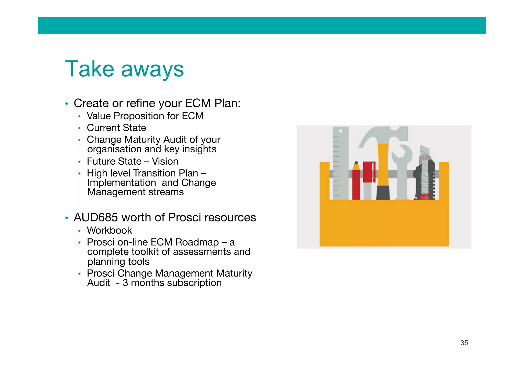 Take aways
•  Create or reﬁne your ECM Plan:
•  Value Proposition for ECM
•  Current State 
•  Change Maturity Audit of your
organisation and key insights
•  Future State – Vision 
•  High level Transition Plan –
Implementation and Change
Management streams
•  AUD685 worth of Prosci resources
•  Workbook
•  Prosci on-line ECM Roadmap – a
complete toolkit of assessments and
planning tools
•  Prosci Change Management Maturity
Audit - 3 months subscription 

35
 