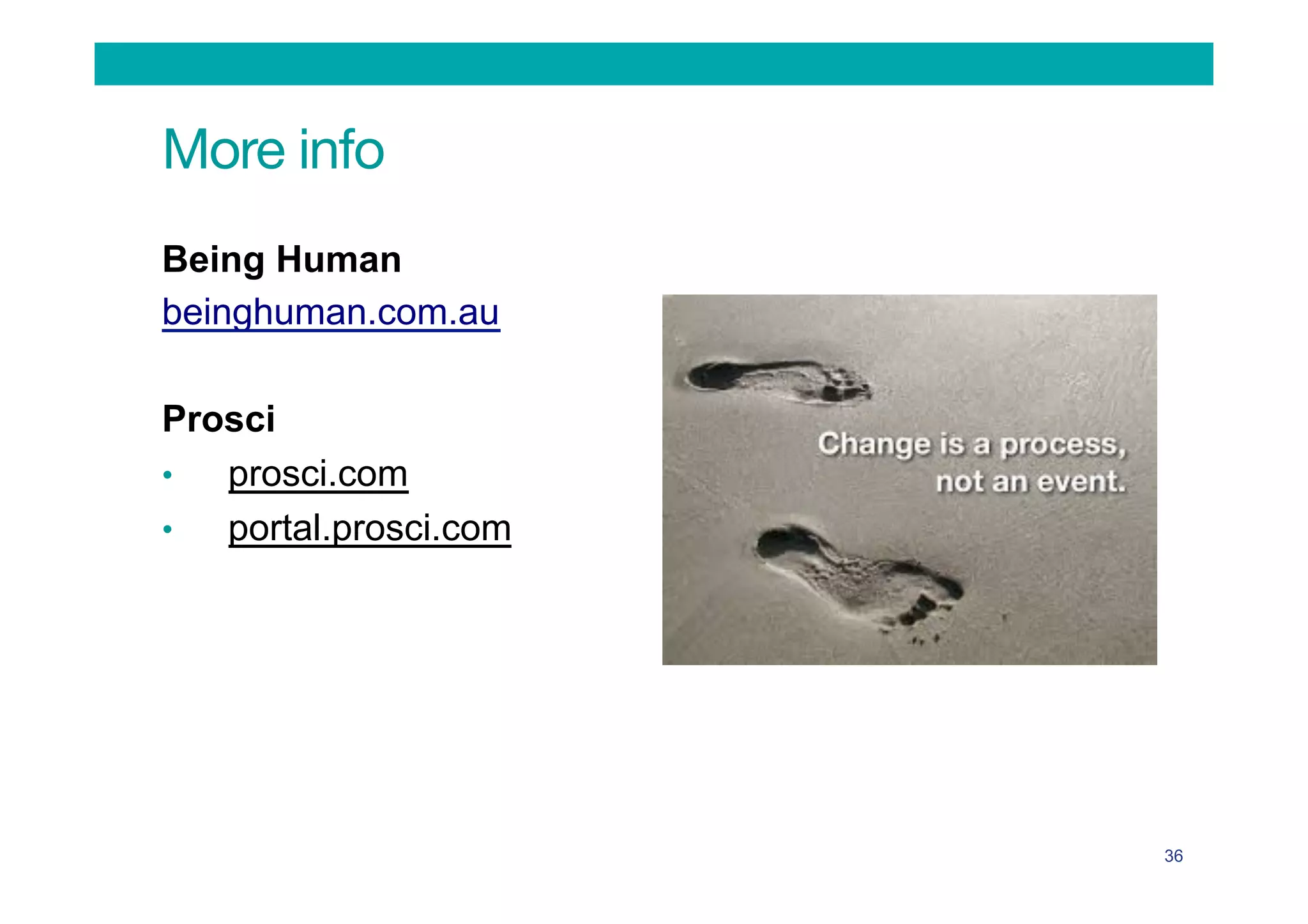 More info
36
Being Human
beinghuman.com.au
Prosci
•  prosci.com
•  portal.prosci.com
 