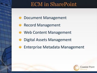 ECM in SharePoint

Document Management
Record Management
Web Content Management
Digital Assets Management
Enterprise Metadata Management
 