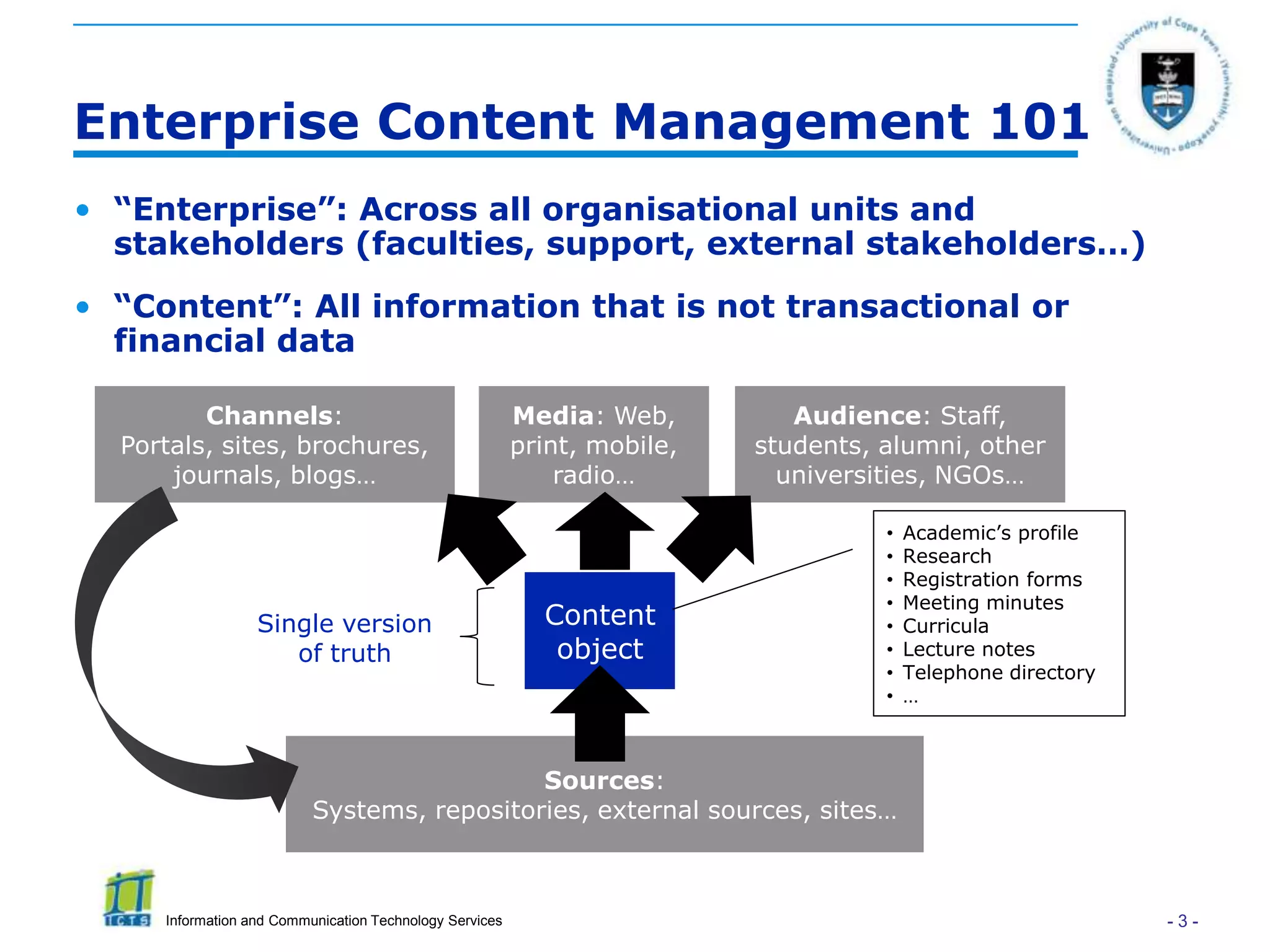 Enterprise Content Management 101
• “Enterprise”: Across all organisational units and
  stakeholders (faculties, support, external stakeholders…)
• “Content”: All information that is not transactional or
  financial data

         Channels:                                       Media: Web,         Audience: Staff,
  Portals, sites, brochures,                             print, mobile,   students, alumni, other
      journals, blogs…                                       radio…         universities, NGOs…

                                                                                    •   Academic’s profile
                                                                                    •   Research
                                                                                    •   Registration forms
                                                                                    •   Meeting minutes
                  Single version                           Content                  •   Curricula
                     of truth                               object                  •   Lecture notes
                                                                                    •   Telephone directory
                                                                                    •   …



                                            Sources:
                          Systems, repositories, external sources, sites…



     Information and Communication Technology Services                                                        -3-
 