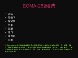 ECMA-262组成语法关键字保留字变量类型语句操作符对象符合ECMA-262规范的脚本编程语言必须实现该规范描述的所有的“类型、值、对象、属性、函数和程序语法及语义”，并且必须支持Unicode字符标准（UCS）。在此基础上，每个具体实现还可以指定“额外的类型、值、对象、属性和函数”，可以定义新的“程序和正则表达式语法”等。