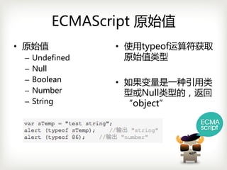 ECMAScript 原始值
• 原始值            • 使用typeof运算符获取
 –   Undefined     原始值类型
 –   Null
 –   Boolean     • 如果变量是一种引用类
 –   Number        型或Null类型的，返回
 –   String        “object”
 