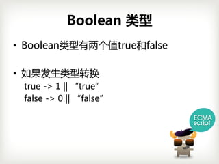 Boolean 类型
• Boolean类型有两个值true和false

• 如果发生类型转换
 true->1||“true”
 false ->0||“false”
 