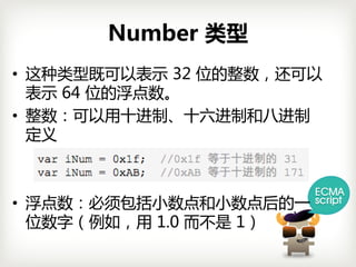 Number 类型
• 这种类型既可以表示 32位的整数，还可以
  表示 64位的浮点数。
• 整数：可以用十进制、十六进制和八进制
  定义



• 浮点数：必须包括小数点和小数点后的一
  位数字（例如，用 1.0而不是 1）
 