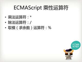ECMAScript 乘性运算符
• 乘法运算符：*
• 除法运算符：/
• 取模（求余数）运算符：%
 