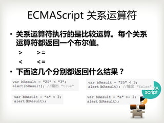 ECMAScript 关系运算符
• 关系运算符执行的是比较运算。每个关系
  运算符都返回一个布尔值。
 >       >=
 <       <=
• 下面这几个分别都返回什么结果？
 