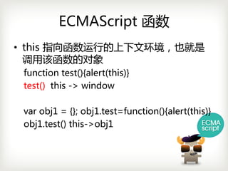 ECMAScript 函数
• this 指向函数运行的上下文环境，也就是
  调用该函数的对象
 functiontest(){alert(this)}
 test() this-> window

 var obj1={};obj1.test=function(){alert(this)}
 obj1.test()this->obj1
 