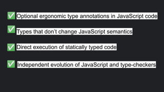 Optional ergonomic type annotations in JavaScript code
Types that don’t change JavaScript semantics
Direct execution of statically typed code
✅
✅
✅
Independent evolution of JavaScript and type-checkers
✅
 