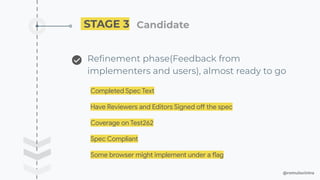 @romulocintra
STAGE 3 Candidate ��
Reﬁnement phase(Feedback from
implementers and users), almost ready to go
Completed Spec Text
Have Reviewers and Editors Signed off the spec
Coverage on Test262
Spec Compliant
Some browser might implement under a flag
 