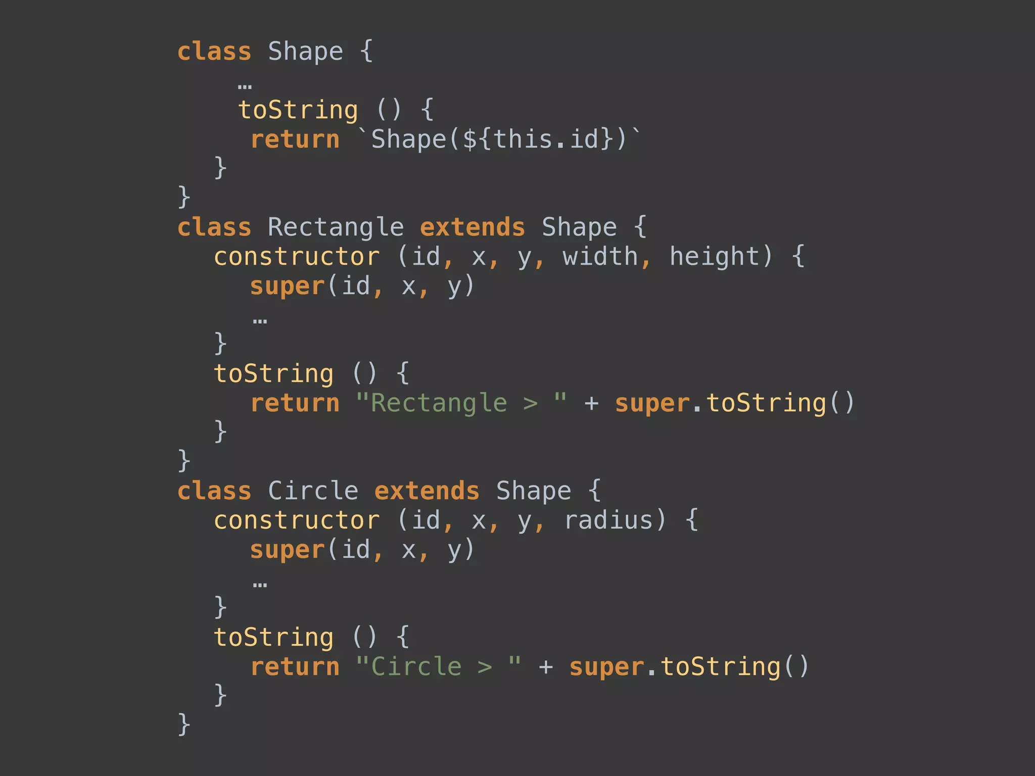 class Shape { 
… 
toString () { 
return `Shape(${this.id})` 
} 
} 
class Rectangle extends Shape { 
constructor (id, x, y, width, height) { 
super(id, x, y) 
… 
} 
toString () { 
return "Rectangle > " + super.toString() 
} 
} 
class Circle extends Shape { 
constructor (id, x, y, radius) { 
super(id, x, y) 
… 
} 
toString () { 
return "Circle > " + super.toString() 
} 
}
 